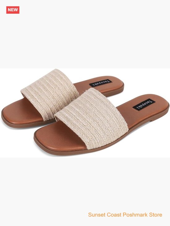 Shoes - Natural Raffia Slide Sandals Flat Open Toe Comfort Beach Casual